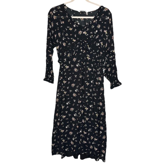 Zara Dresses & Skirts - Zara Dark Floral Midi Dress Medium Black Ruffle Whimsigoth Fairy Dark Romantic